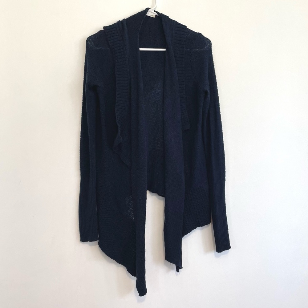 HOLLISTER Navy Blue Open Asymmetrical Waterfall Hem Boho Hooded Cardigan Sweater